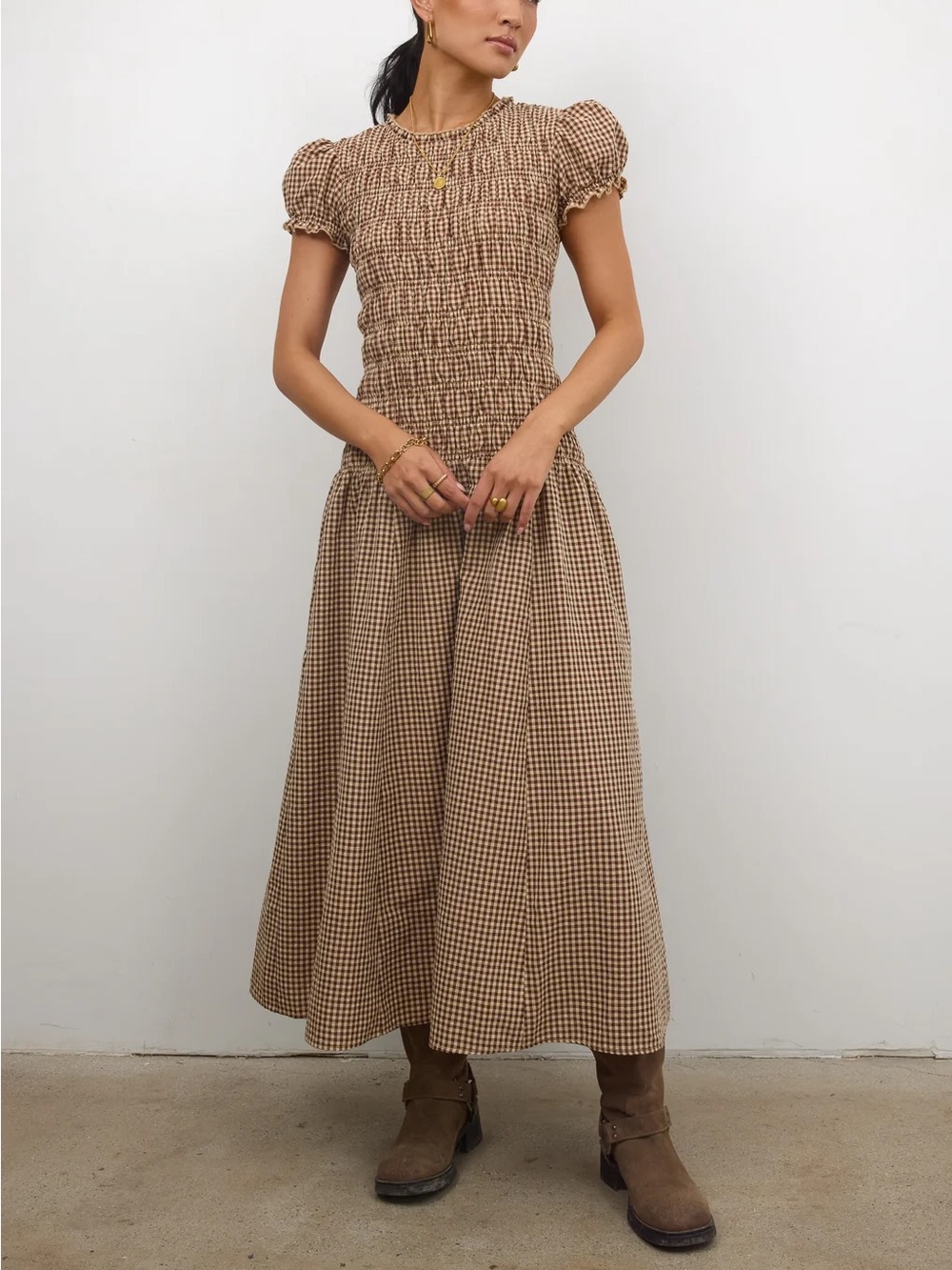 Böhme Opal Gingham Maxi Dress in Brown